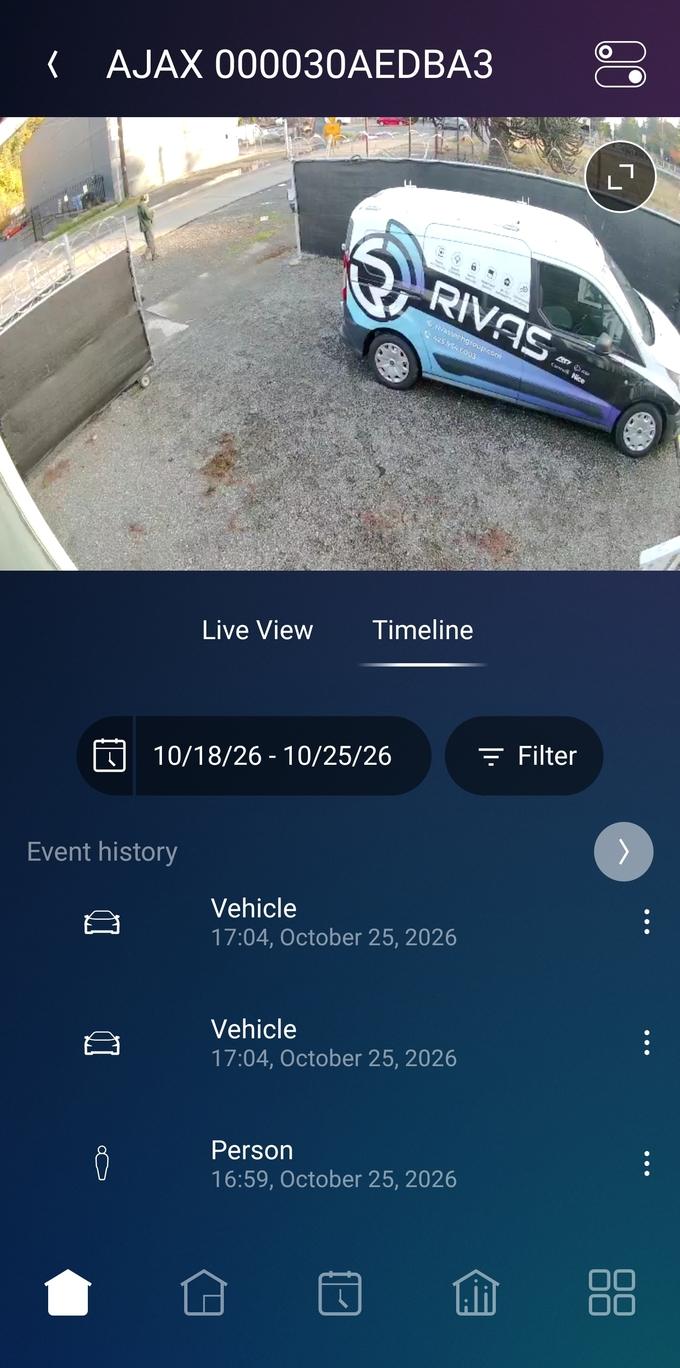 Live view and History in the Control4 app on a phone: real footage from an Ajax camera at a Rivas Technology Group site, with the Rivas Technology Group van in frame and Vehicle and Person events in the event history