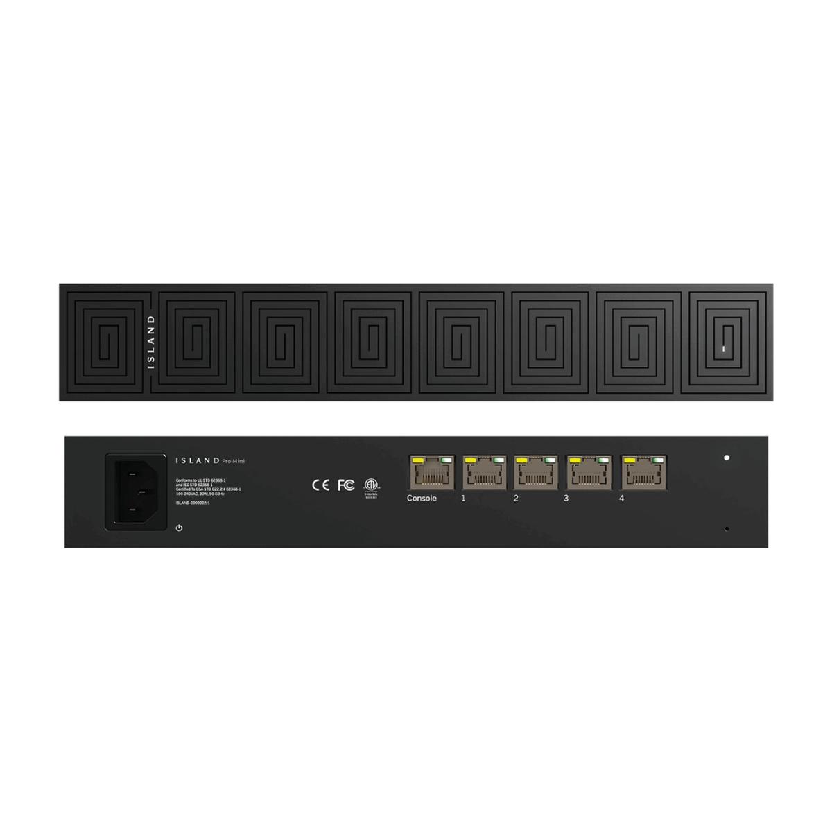 Island Router Pro Mini, front and back with its four network ports